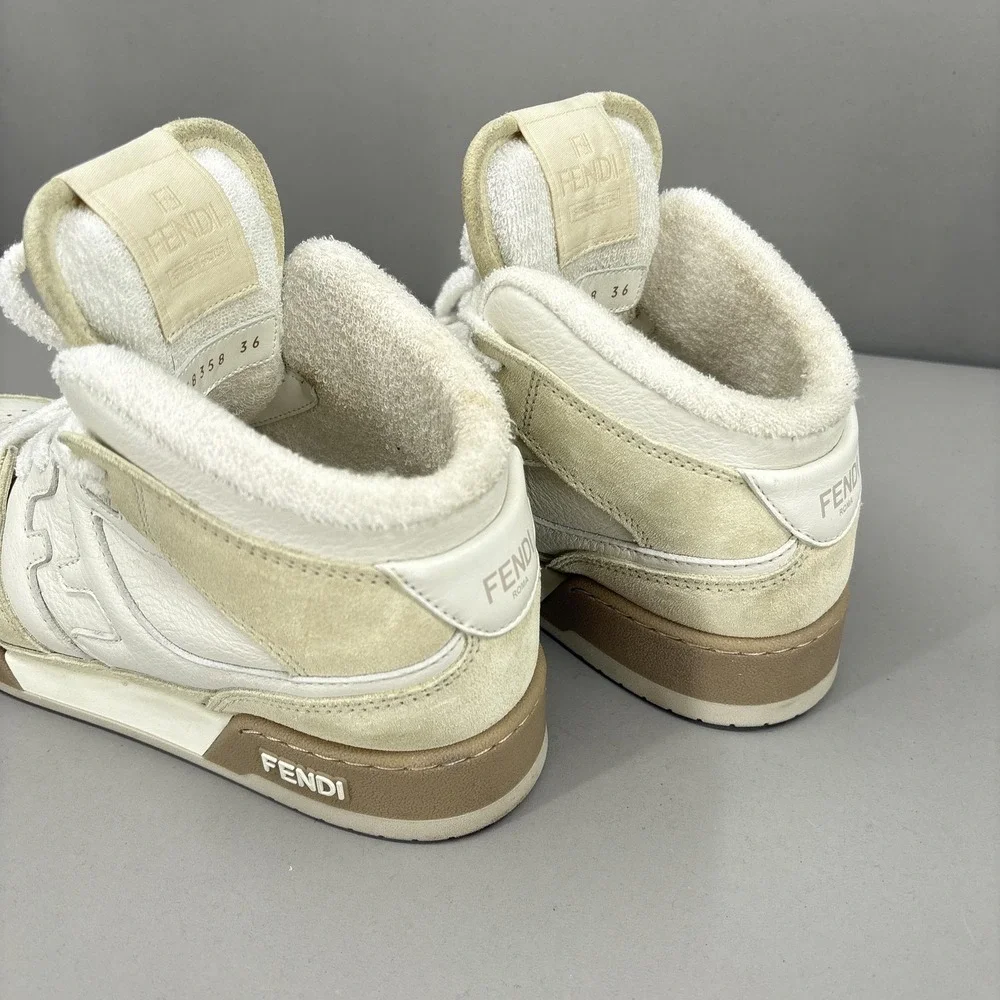 Fendi Shoes Sneakers Womens Size 6 Beige Cream Match High Top Made Italy 8E8358 - Picture 9 of 16